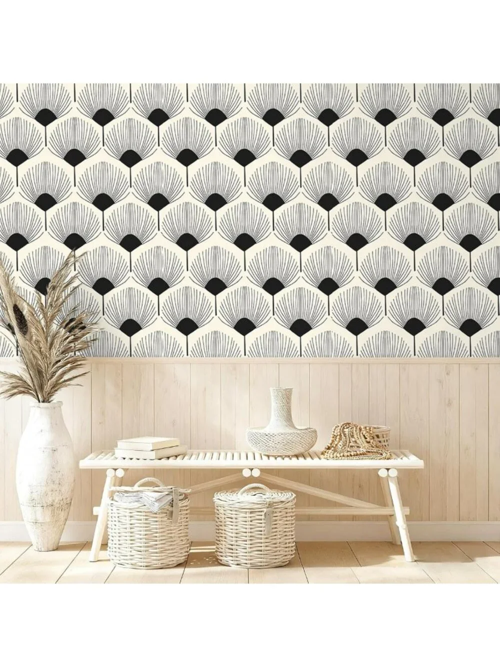 Modern Beige & Black Geometric Peel and Stick Wallpaper | Boho Art Deco Accent